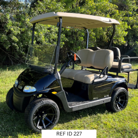 2022 black E-Z-GO RXV Elite 4-passenger golf cart with premium seats and lithium batteries
