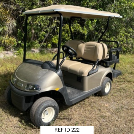 2022 Almond E-Z-GO RXV Elite golf cart with flip-to-golf kit and premium seats