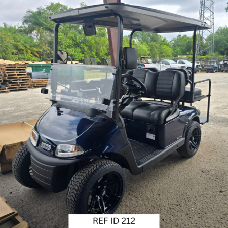 Patriot Blue E-Z-GO RXV Elite golf cart with 12-inch wheels, Samsung lithium battery, and 4-passenger seating