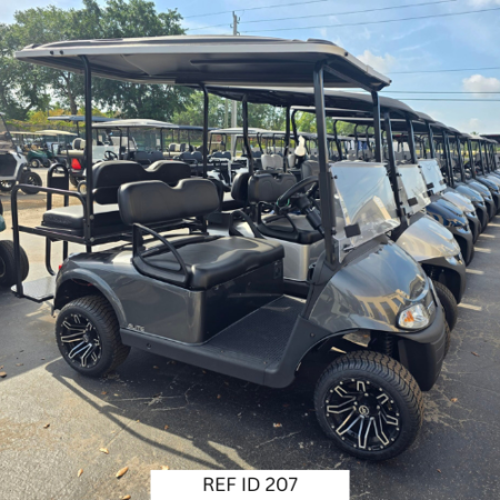 2021 Charcoal E-Z-GO RXV Elite golf cart with 12-inch wheels, Samsung lithium battery, and 4-passenger seating