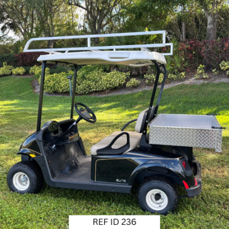 2022 black E-Z-GO RXV Elite golf cart with aluminum cargo box and ladder rack