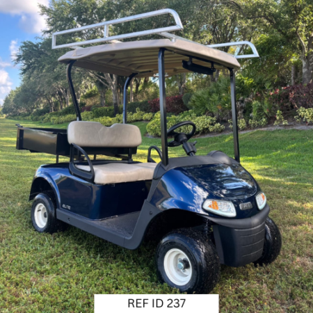 Patriot Blue E-Z-GO RXV Elite golf cart with steel cargo box and ladder rack