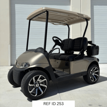 Front view of 2022 E-Z-GO RXV Freedom Almond with ELiTE lithium battery
